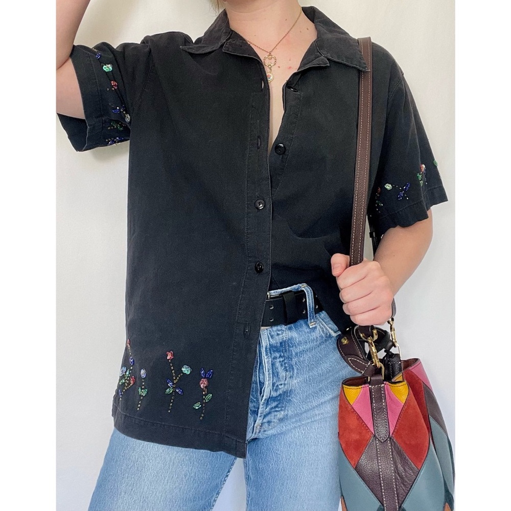 5/$25🌱 Jane Ashley | Vintage 90s Black Floral Sequin Beaded Button Down Blouse